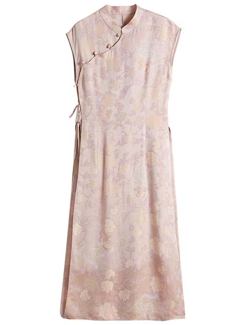 Chinese Style Pink Phoenix Midi Dress with Stand Collar and Frog Buttons, Elegant Slim Fit Women's Dress