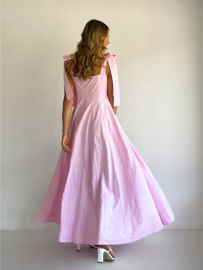 Pink A Line Maxi Dress with Bow Ties on Straps Elegant Long Dress for Bridesmaid and Evening Wear