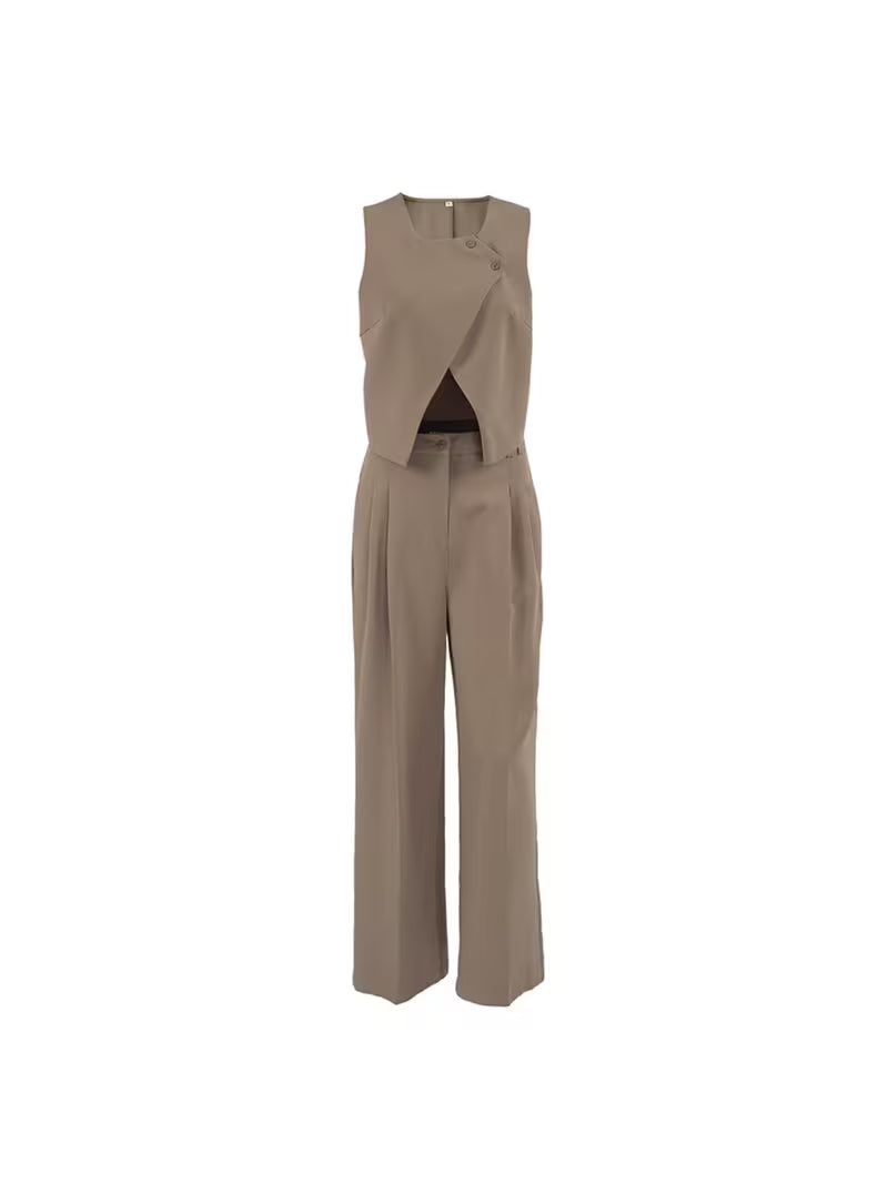 Fashion Khaki Vest and Pants Two-Piece Set for Women 2026 Spring New Arrival Stylish Design Set