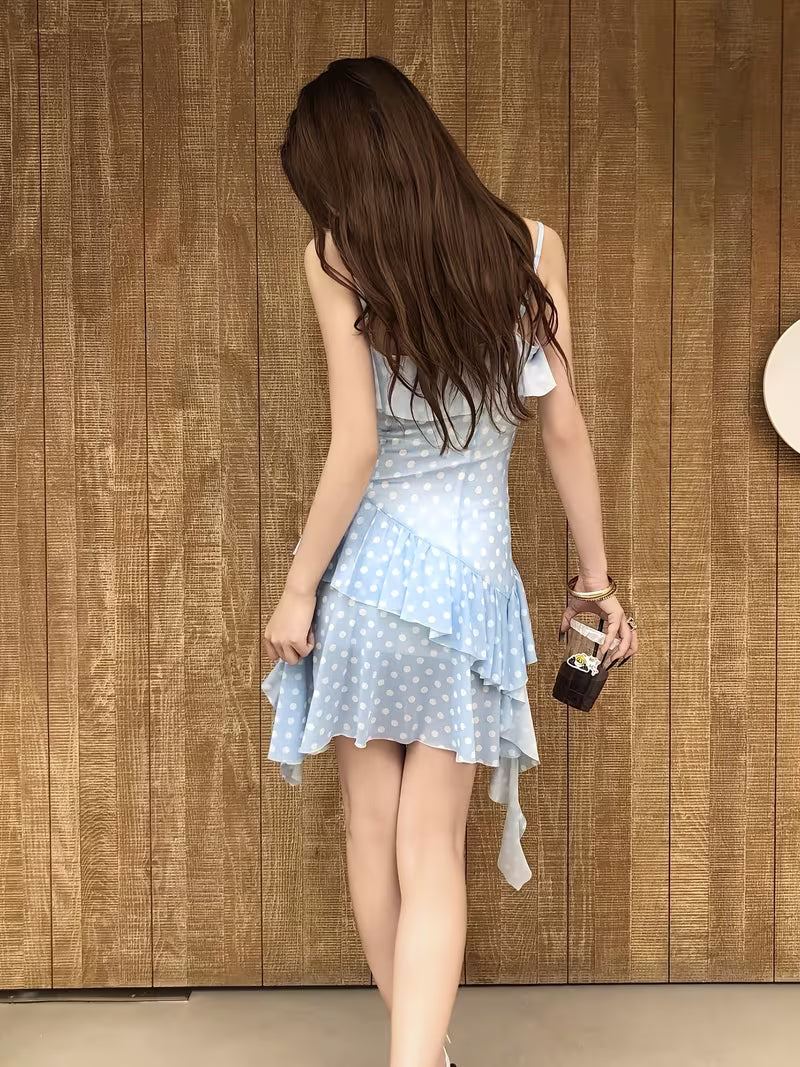 2026 New Style Spicy Sweet Blue Polka Dot Camisole Dress for Women, Summer Waist-Cinching Pure Desire Girly Dress