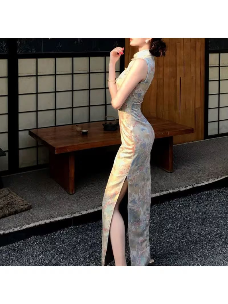 Original New Design Slim-Fit Sleeveless Modified Cheongsam Dress with Waist-Cinching And Hip-Hugging Design