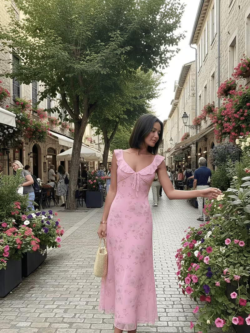 European and American 2026 Spring/Summer New Women's Sexy Low-Cut Hot Vacation Style Vintage Print Slim-Fit Camisole Dress