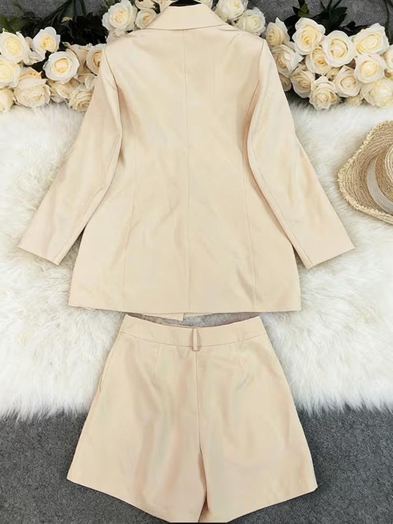 Women'S Beige Blazer And Shorts Suit Set, Long Sleeve Tailored Jacket Two-Piece Outfit for Spring Casual Office Wear
