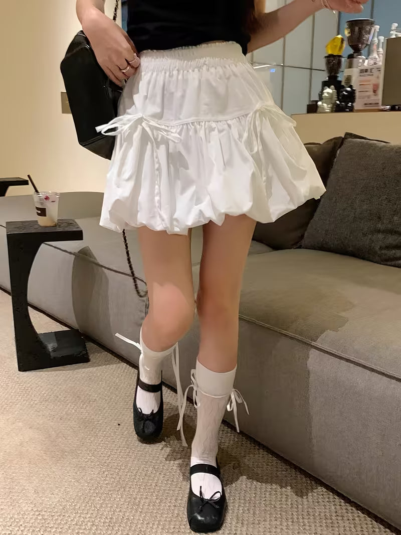In-stock Designer Bow-Tie Strap Bud Pleat Fluffy Cake Skirt, Summer Korean-Style Ballet-Inspired Elastic Waist Loose-Fit Versatile Anti-See-Through White Lantern Skort