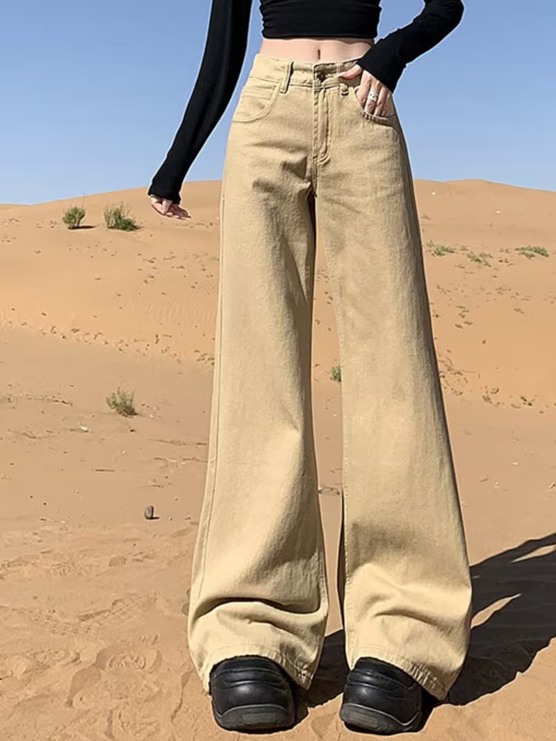 Women'S Khaki Slightly Flared Denim Pants, Spring & Summer New, American Retro Low Waist Loose Slim-Fit Non-Clinging Floor-Length Bell Bottoms