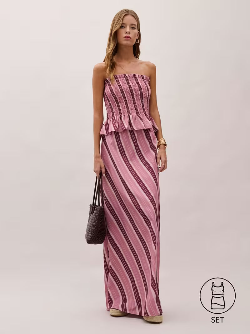Women's Striped Bandeau Top and Skirt Set, 2pcs Outfit