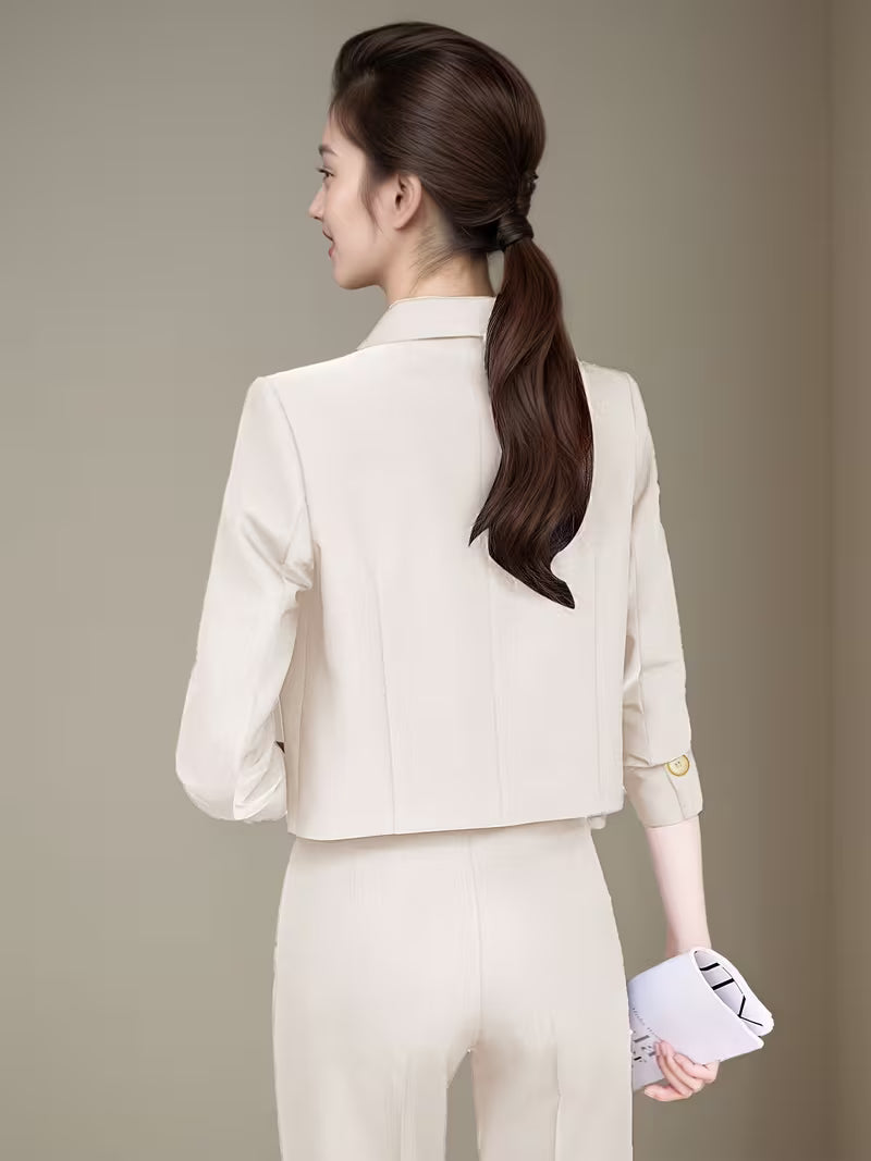 Elegant Short Double-Breasted Blazer and Pants Set for Women, Fashionable Notch Lapel Suit