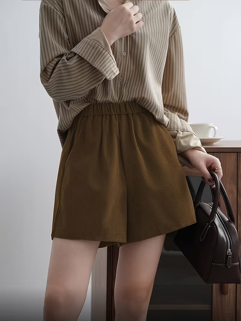 Summer Women'S Shorts, Elastic Waist, Versatile A-Line Wide-Leg Pants, High-Waisted Corduroy Shorts, Boot Pants