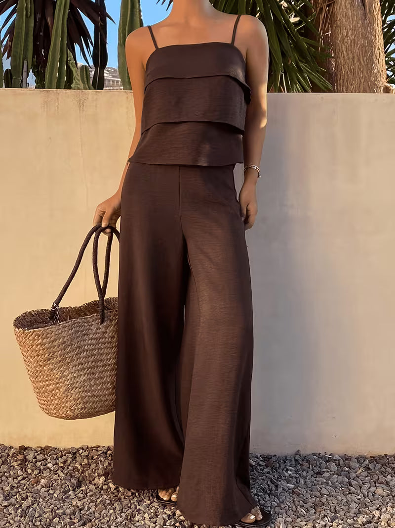 Women's Elegant Maillard Style Brown Crop Top with Straps and High-Waist Wide-Leg Pants 2pcs Set