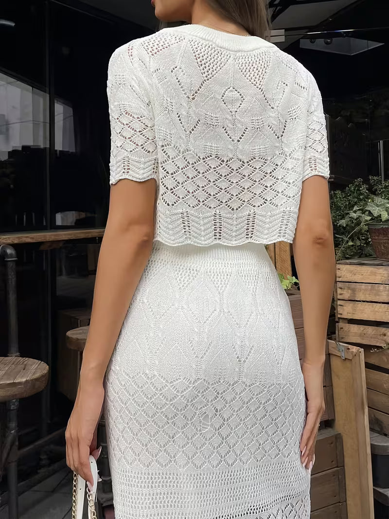 Women'S Short-Sleeved High-Waisted Hip-Hugging Slim-Fit Temperament Gentle Sweet Skirt Two-Piece Set