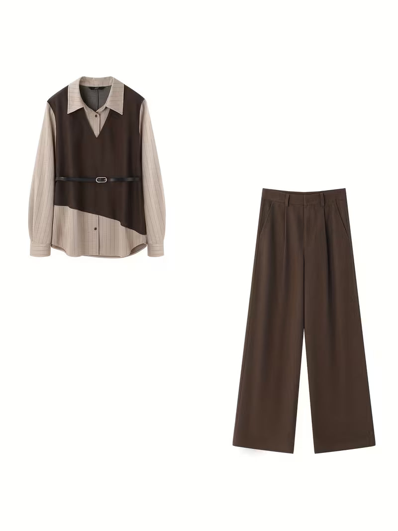 Trousers Women'S Spring And Summer New Pants Suit Commuter Versatile Casual Autumn And Winter Women'S New Striped Shirt Collar Fake Two-Piece Top Pants Set