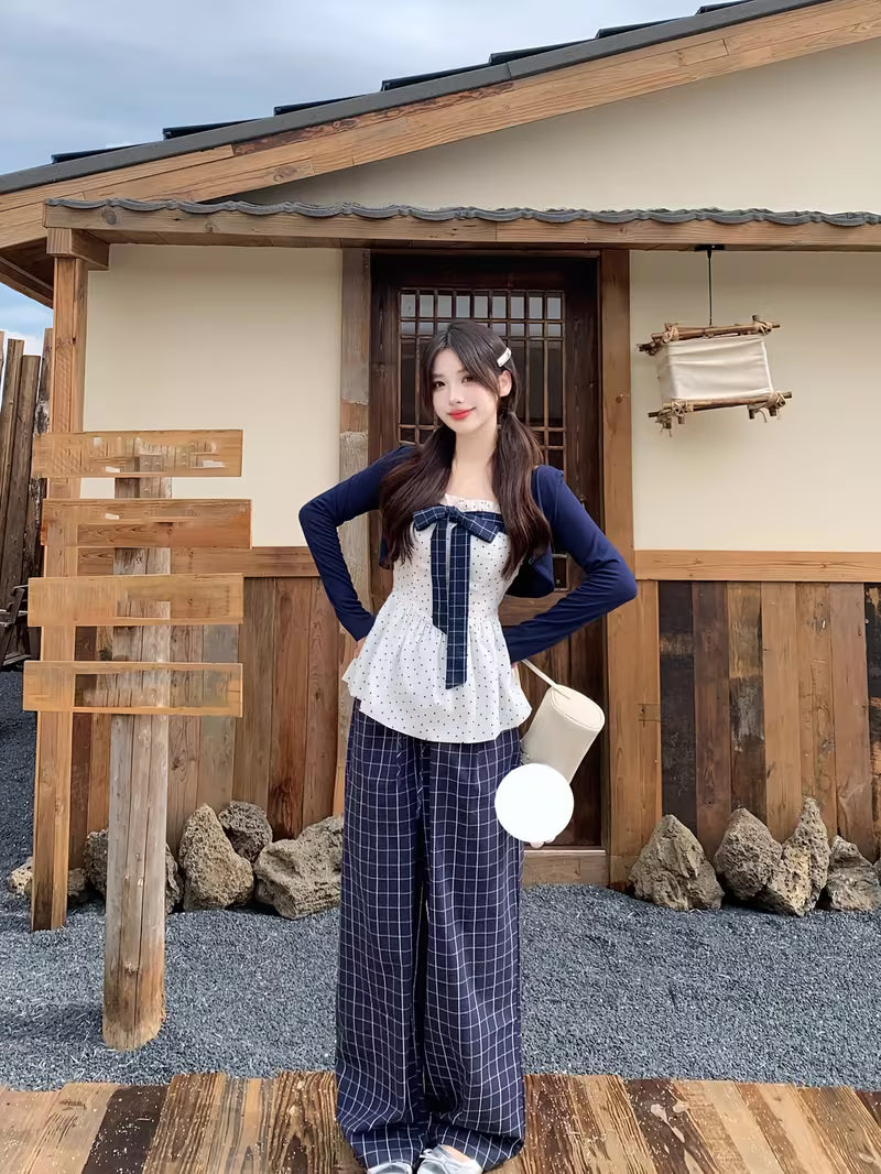 New Spring/Autumn Korean Style Chic Casual Tummy Cover Elegant Outfit Cardigan Bow Top Women's 2pcs Set