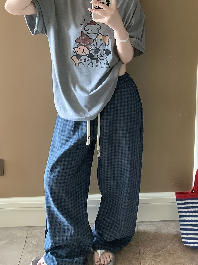 New Spring/Autumn Thin Plaid Pajama Pants, High-End Wide-Leg Design for Outer Wear or Lounging