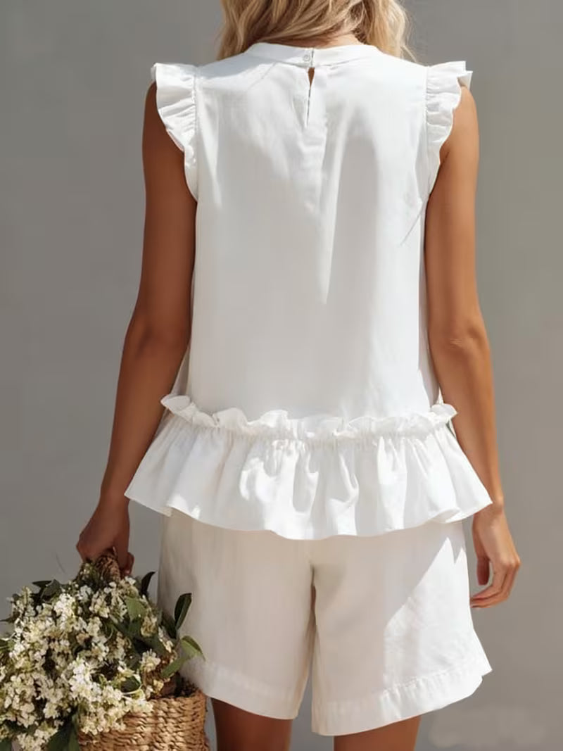 Women's White 2pcs Set - Ruffled Sleeveless Loose Top And High-Waist Shorts, Casual Flowy Summer Outfit