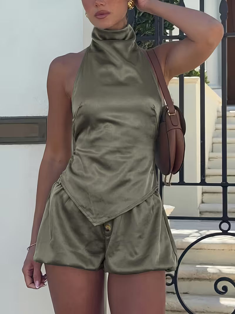 Pure Desire Satin Halter High-Neck Jumpsuit New Waist-Cinching Bloomers Hot Set