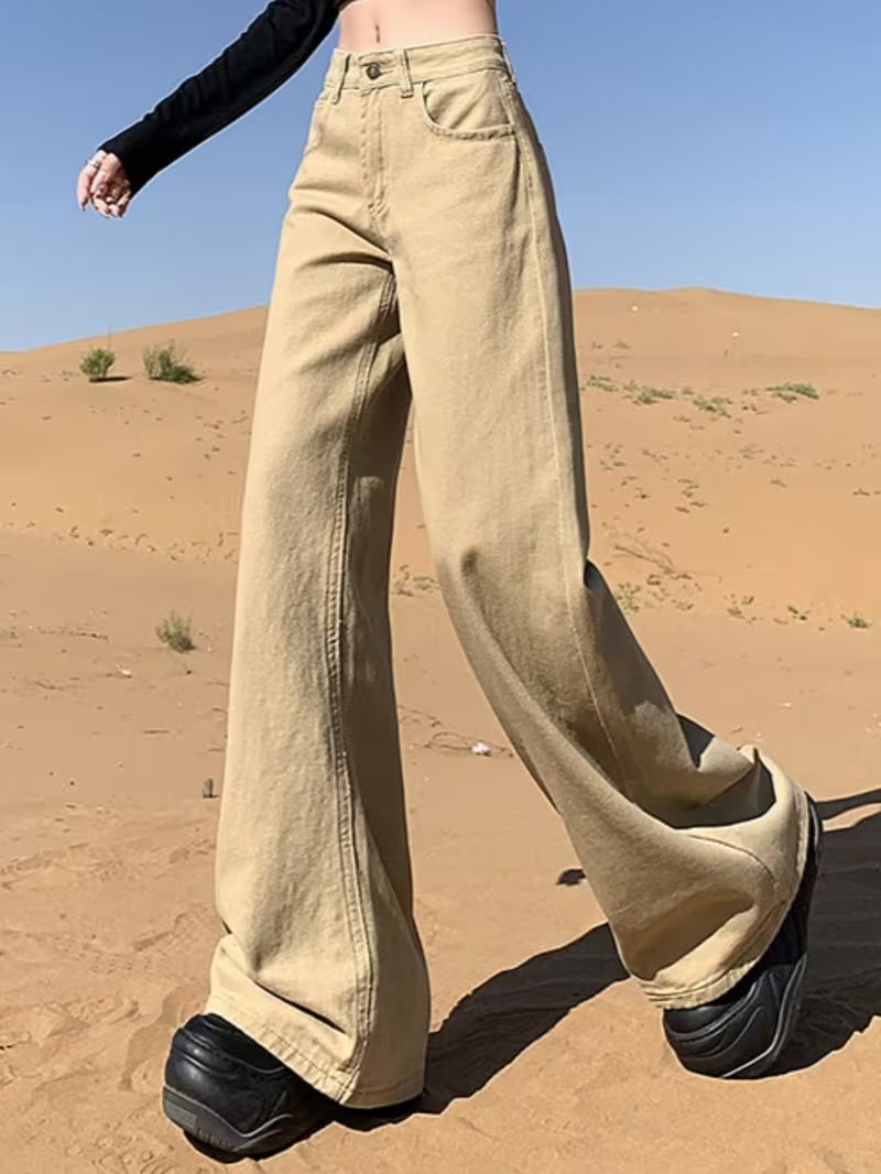 Women'S Khaki Slightly Flared Denim Pants, Spring & Summer New, American Retro Low Waist Loose Slim-Fit Non-Clinging Floor-Length Bell Bottoms