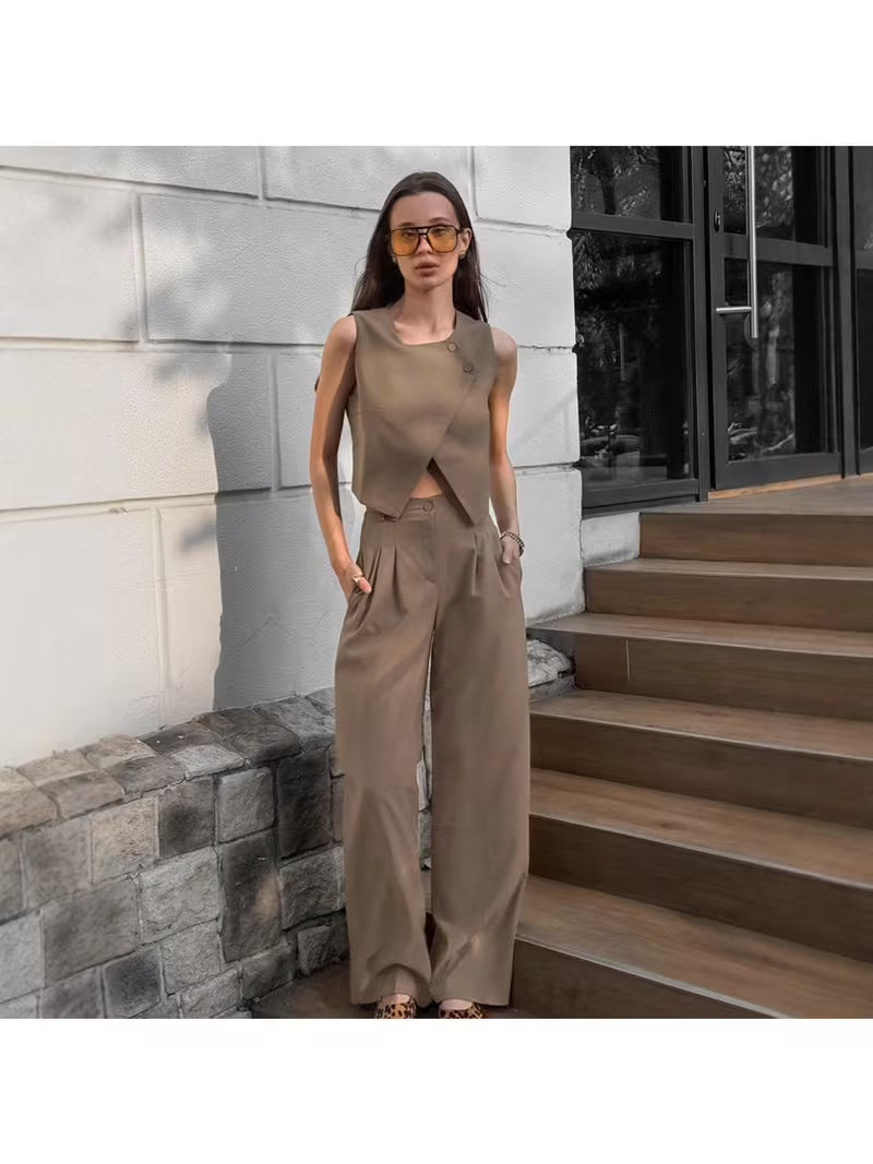 Fashion Khaki Vest and Pants Two-Piece Set for Women 2026 Spring New Arrival Stylish Design Set