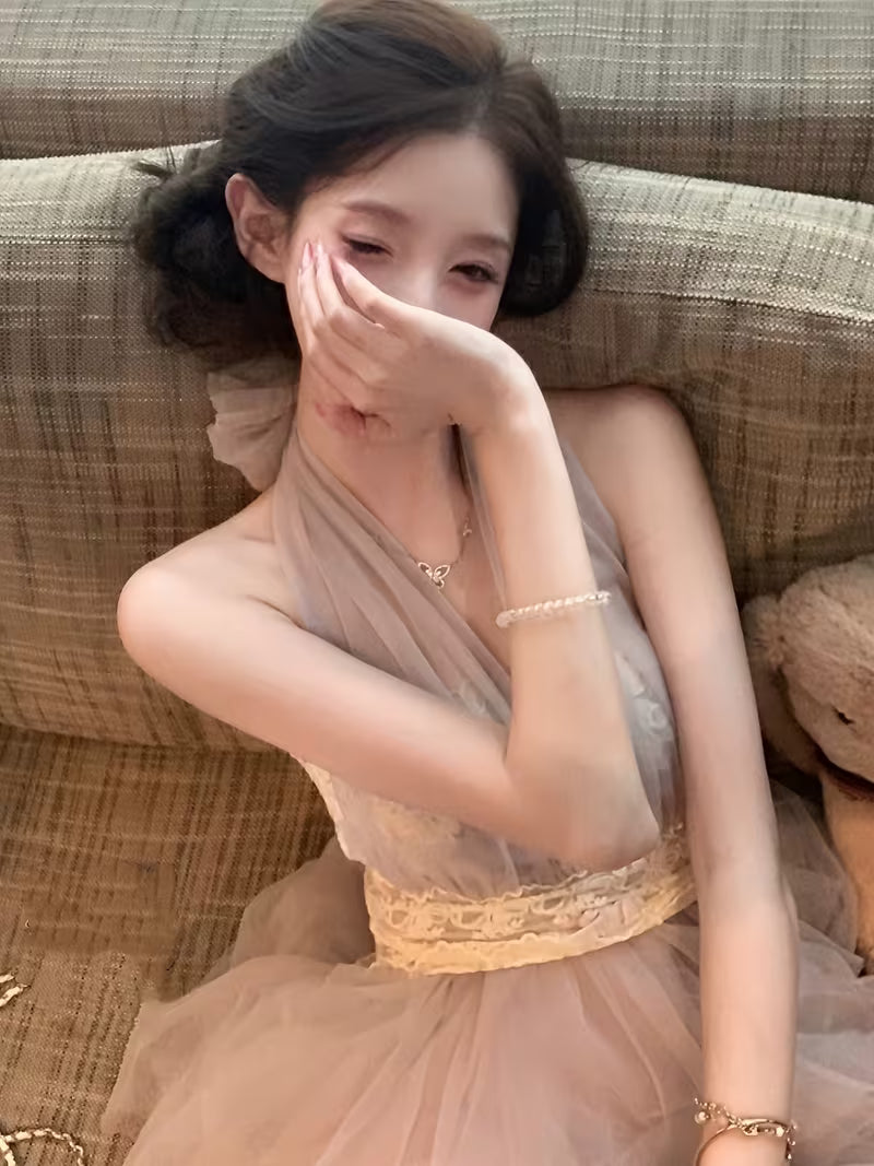 Summer New Lace Hanging Neck Fairy Gauze Skirt Slim Purple Design Super Fairy Dress