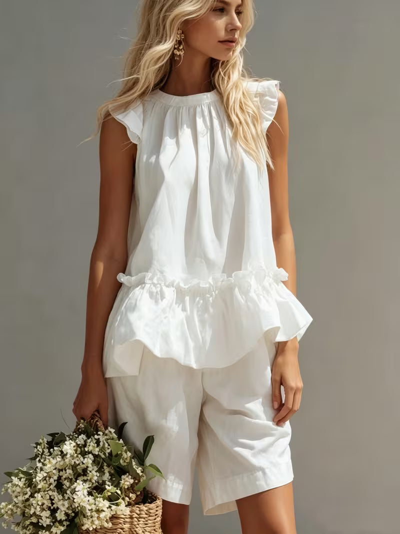Women's White 2pcs Set - Ruffled Sleeveless Loose Top And High-Waist Shorts, Casual Flowy Summer Outfit