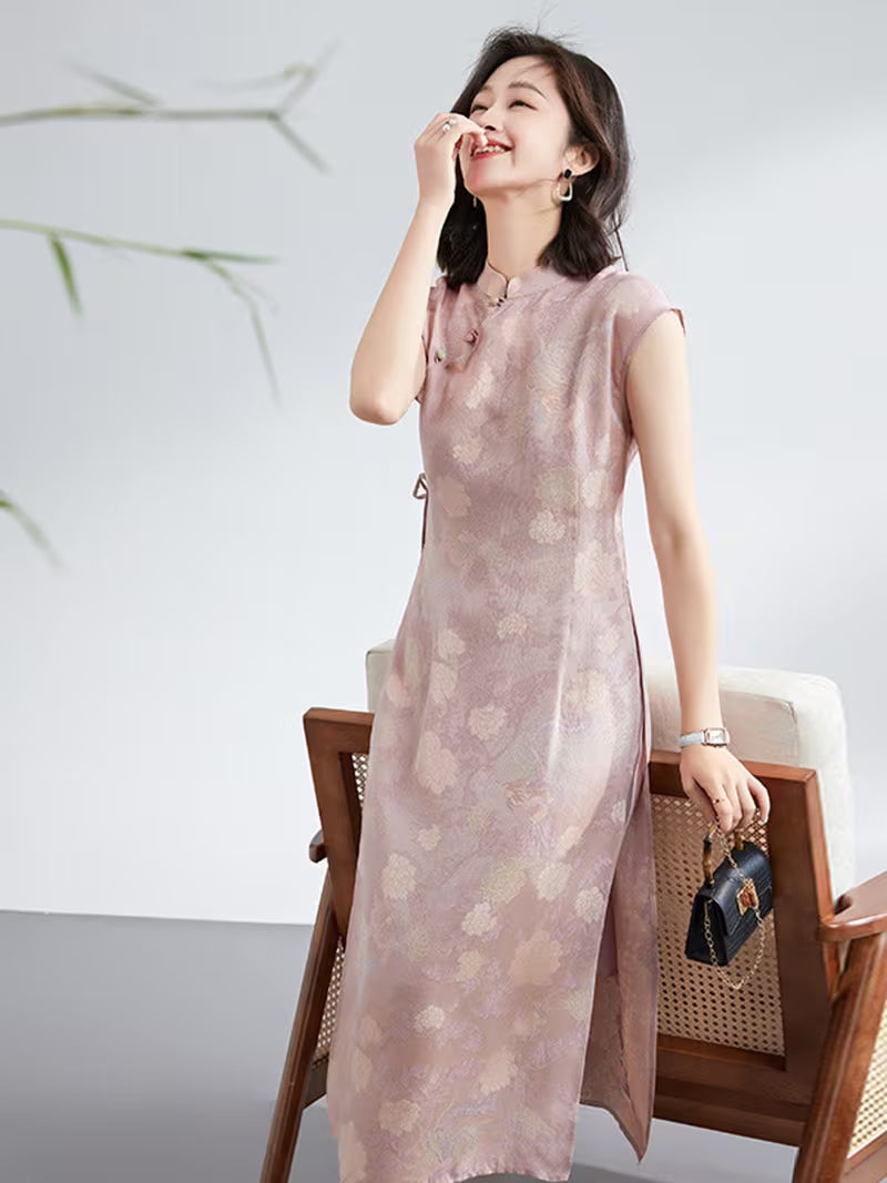 Chinese Style Pink Phoenix Midi Dress with Stand Collar and Frog Buttons, Elegant Slim Fit Women's Dress