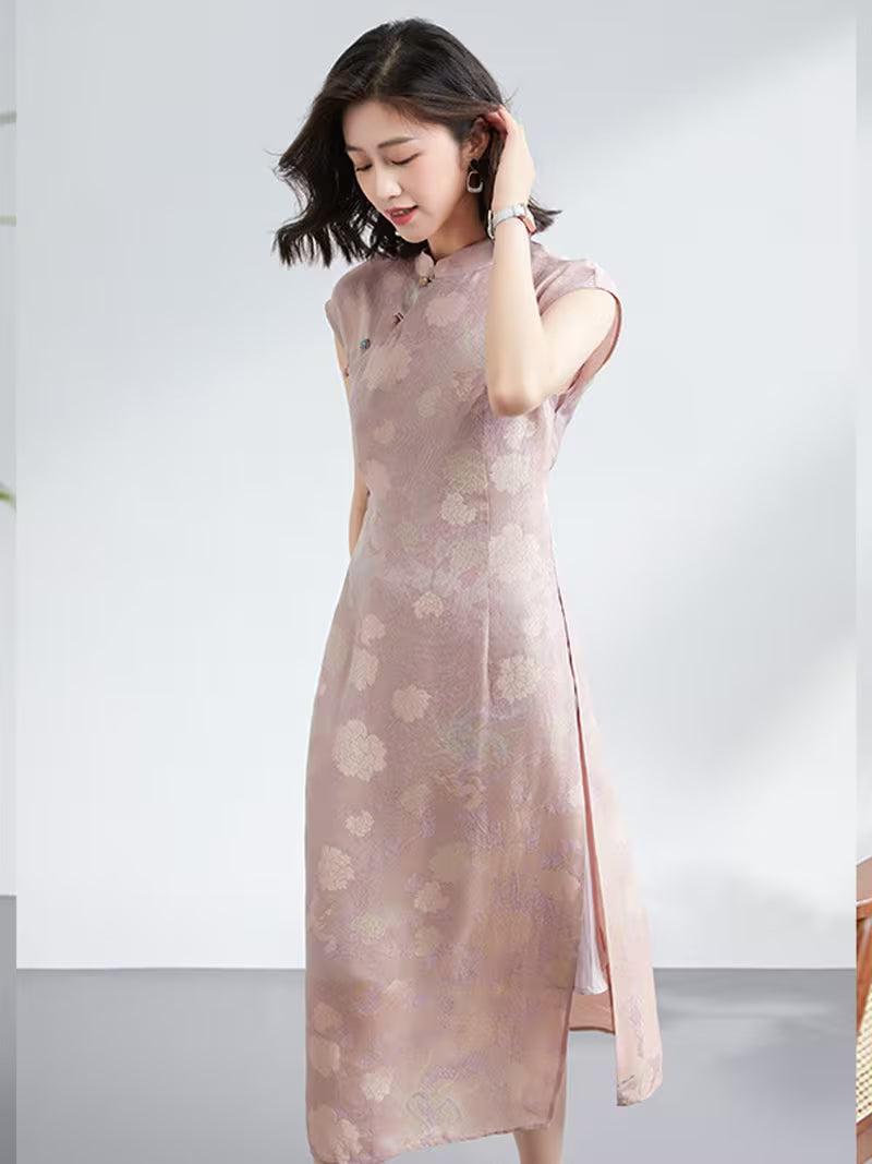 Chinese Style Pink Phoenix Midi Dress with Stand Collar and Frog Buttons, Elegant Slim Fit Women's Dress