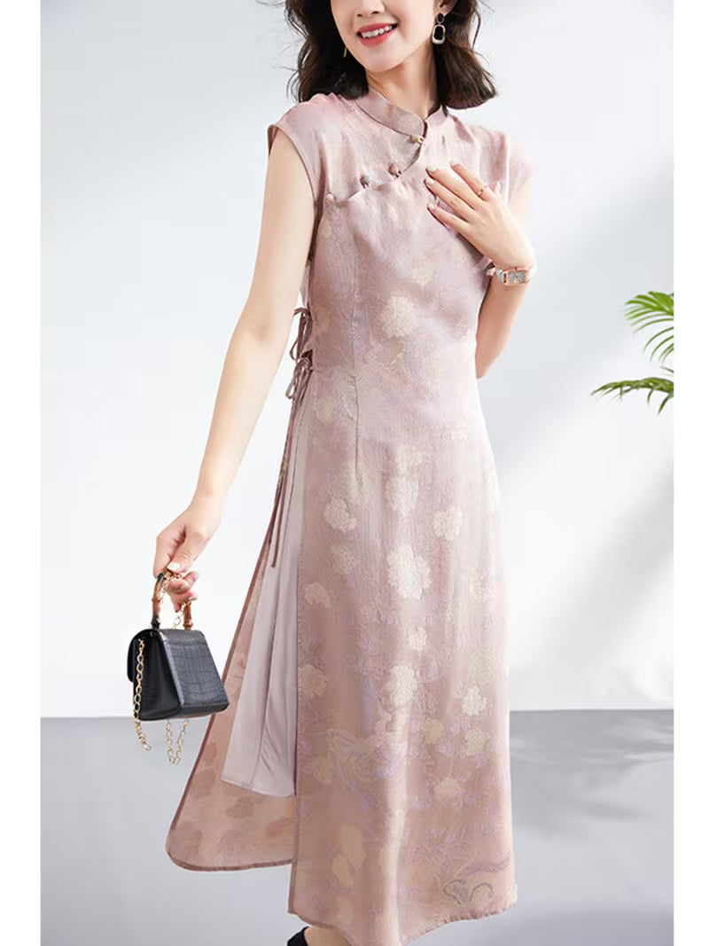 Chinese Style Pink Phoenix Midi Dress with Stand Collar and Frog Buttons, Elegant Slim Fit Women's Dress