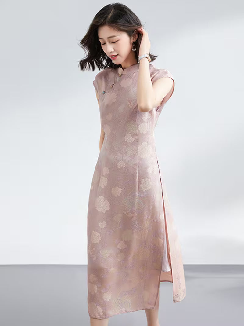 Chinese Style Pink Phoenix Midi Dress with Stand Collar and Frog Buttons, Elegant Slim Fit Women's Dress