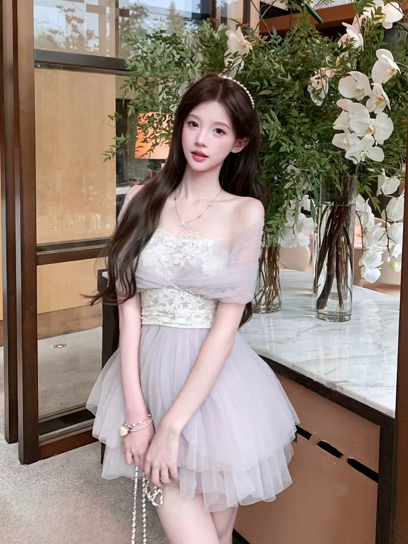Summer New Lace Hanging Neck Fairy Gauze Skirt Slim Purple Design Super Fairy Dress