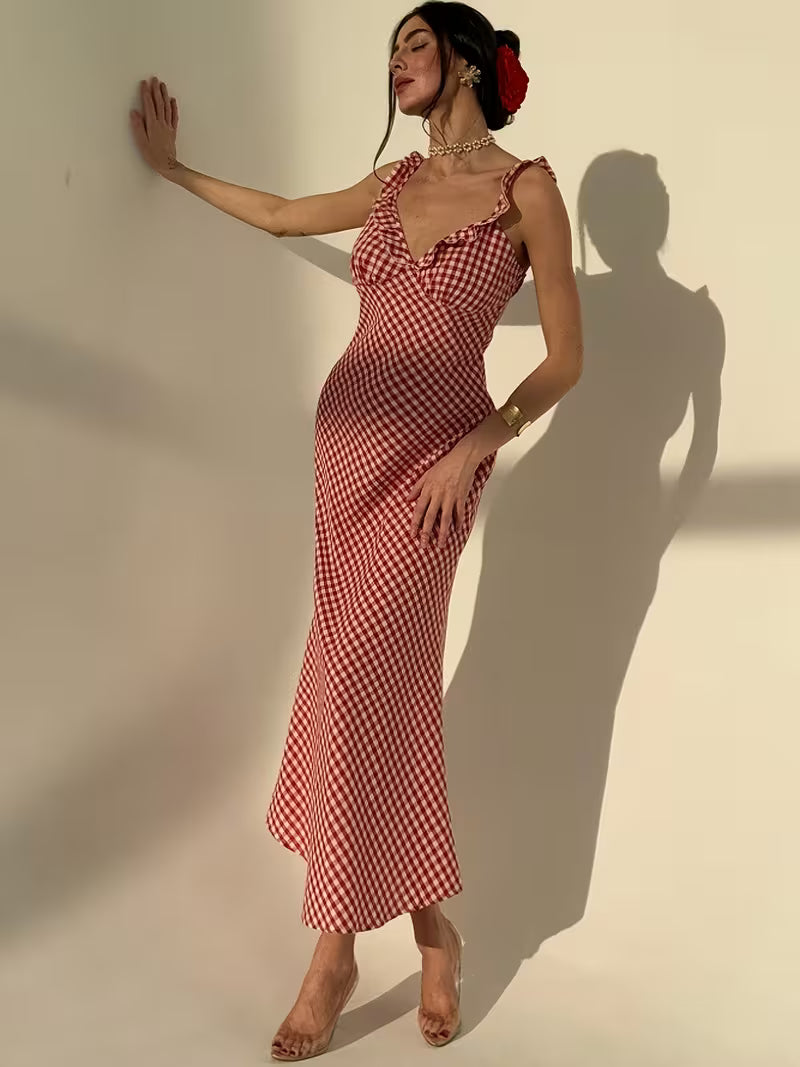 Women's New Elegant French-Style Strap Deep V-Neck Waist-Cinching Dress, for Vacation, Daily Wear, Party, and Ball