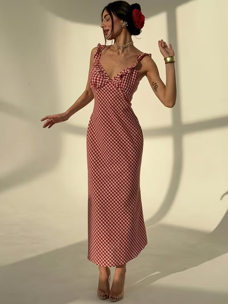 Women's New Elegant French-Style Strap Deep V-Neck Waist-Cinching Dress, for Vacation, Daily Wear, Party, and Ball