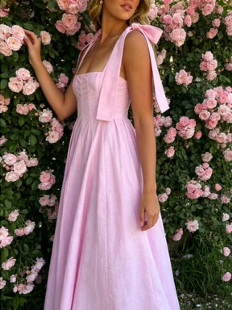 Pink A Line Maxi Dress with Bow Ties on Straps Elegant Long Dress for Bridesmaid and Evening Wear