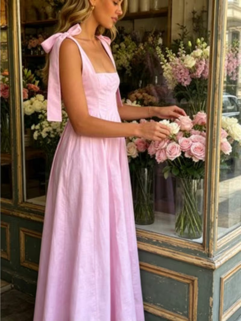 Pink A Line Maxi Dress with Bow Ties on Straps Elegant Long Dress for Bridesmaid and Evening Wear