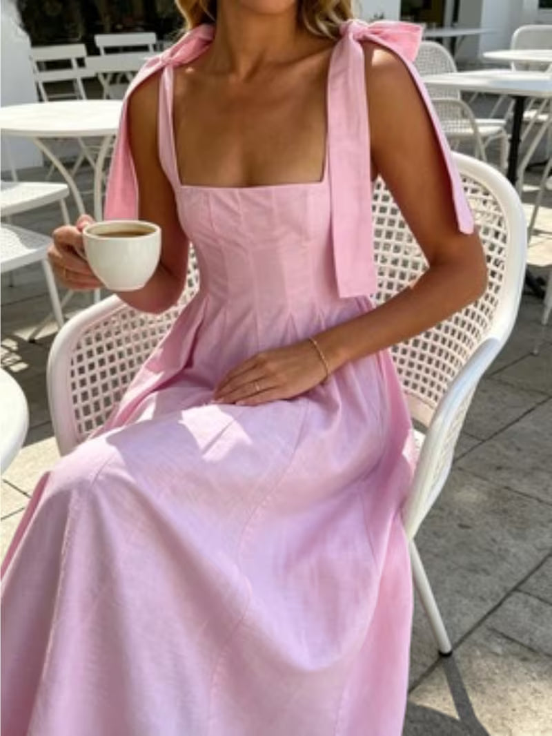 Pink A Line Maxi Dress with Bow Ties on Straps Elegant Long Dress for Bridesmaid and Evening Wear