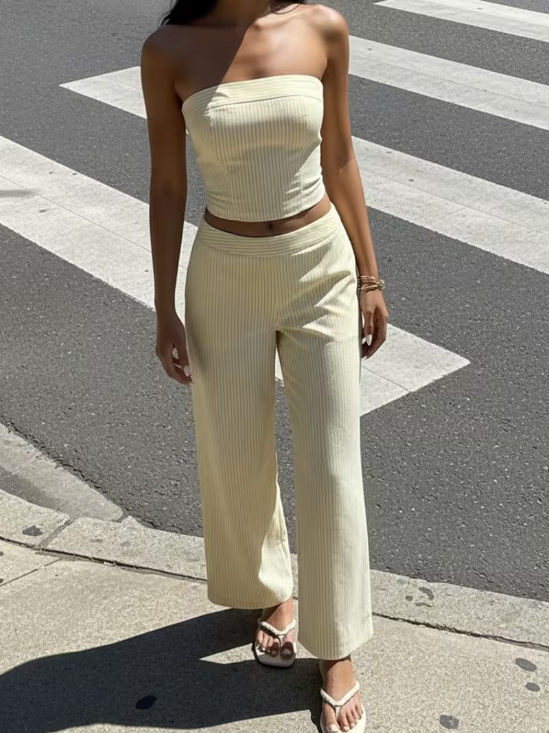 Yellow Striped Bandeau Top and High-Waist Leggings Set, Fashionable and Versatile Street Style Vacation Outfit