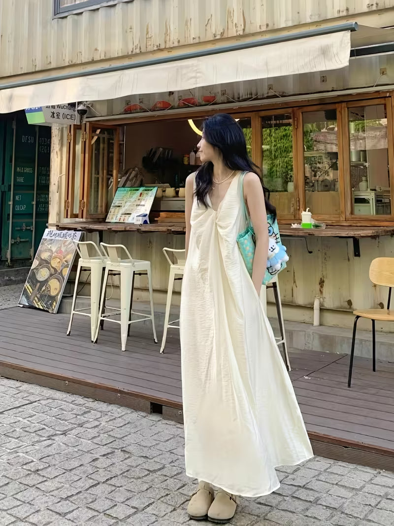 French Style Loose Lazy Long Dress Twist Design Sense Niche Sleeveless Dress