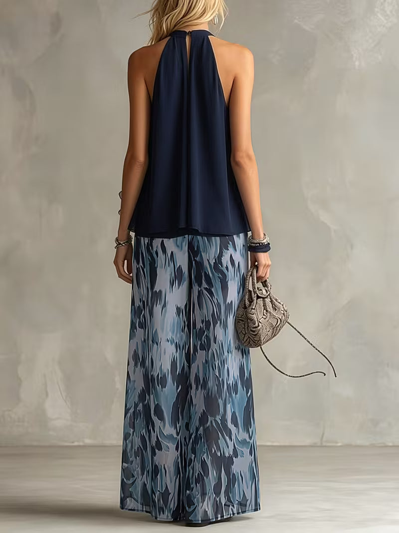 Casual Chiffon Urban Deep Sea Blue Cami Top with Printed Wide-Leg Pants Women's 2pcs Set