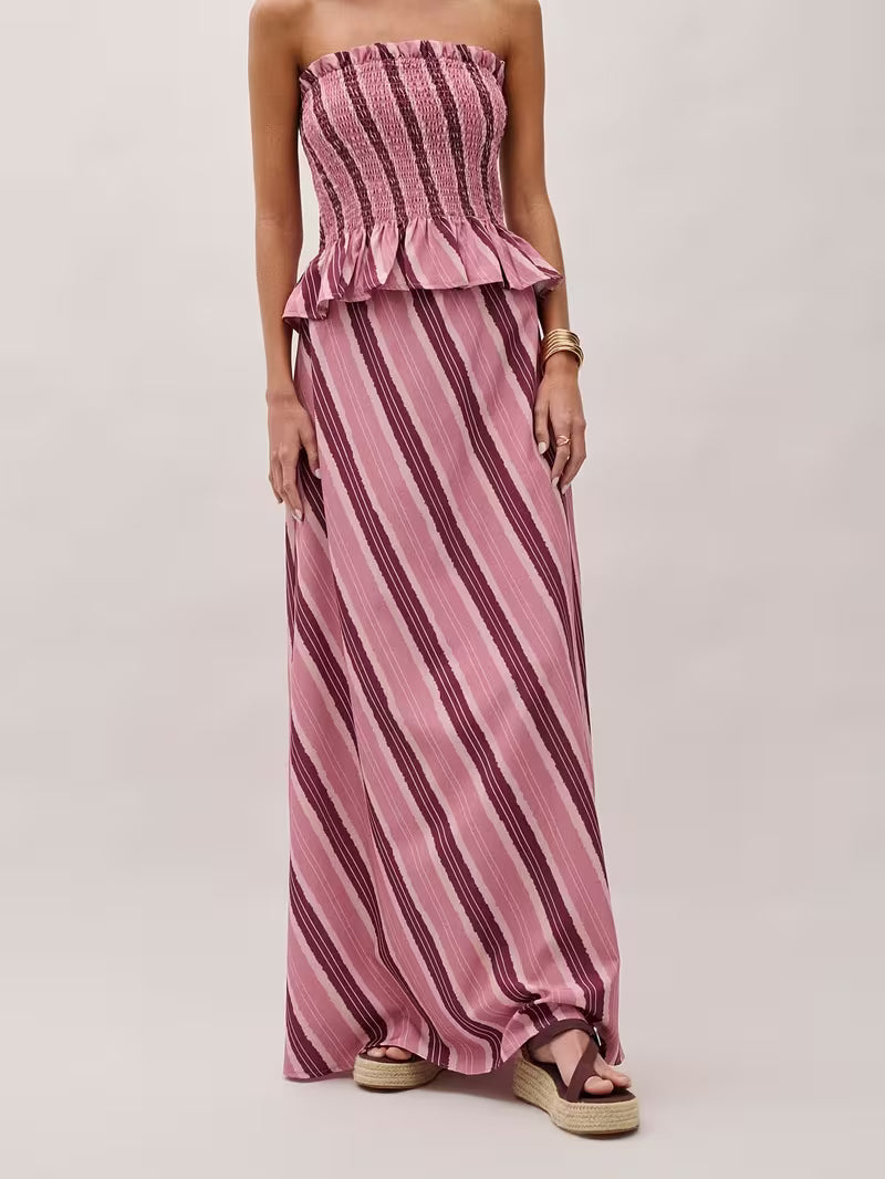 Women's Striped Bandeau Top and Skirt Set, 2pcs Outfit