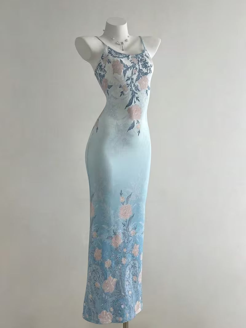 Spring and Summer Women'S Elegant Printed Halter Dress
