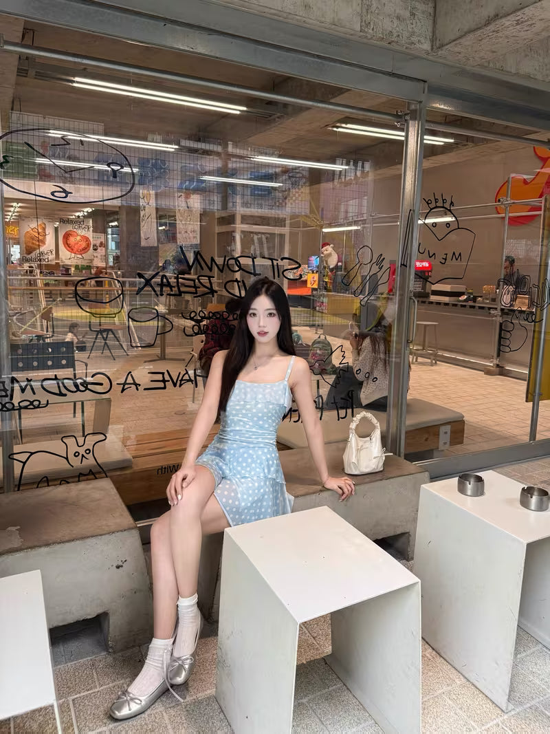 2026 New Style Spicy Sweet Blue Polka Dot Camisole Dress for Women, Summer Waist-Cinching Pure Desire Girly Dress