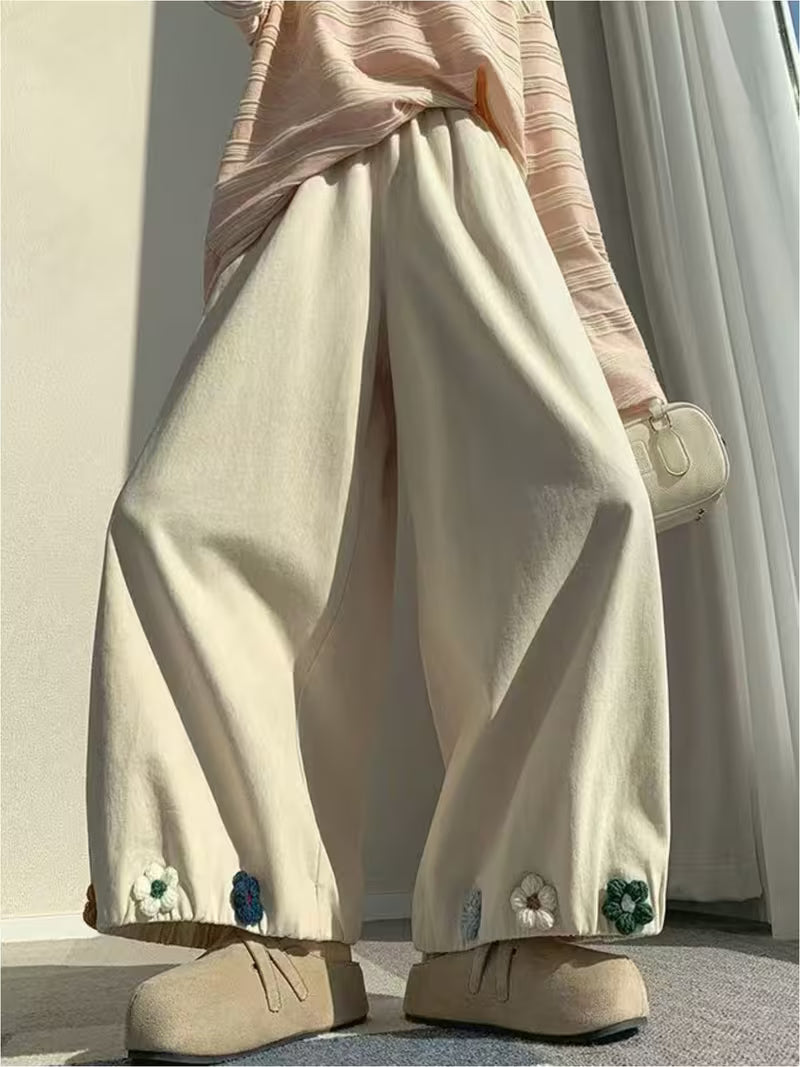 New Style Fairy-Like Draping Bloomers with Hook Embroidery, Long Pants for Ladies, Fashionable Casual Trousers, High-Waisted, Loose And Wide-Leg Pants