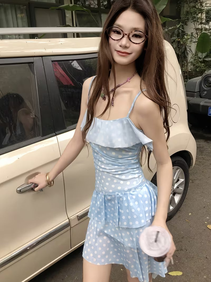2026 New Style Spicy Sweet Blue Polka Dot Camisole Dress for Women, Summer Waist-Cinching Pure Desire Girly Dress
