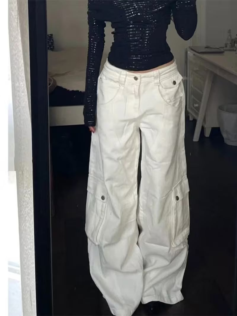 Women's High-Waist Cargo Pants - Wide Leg Trousers with Extra-Long Floor Sweeping Hem, Multi-Pocket, Loose Hip Concealing Straight Leg