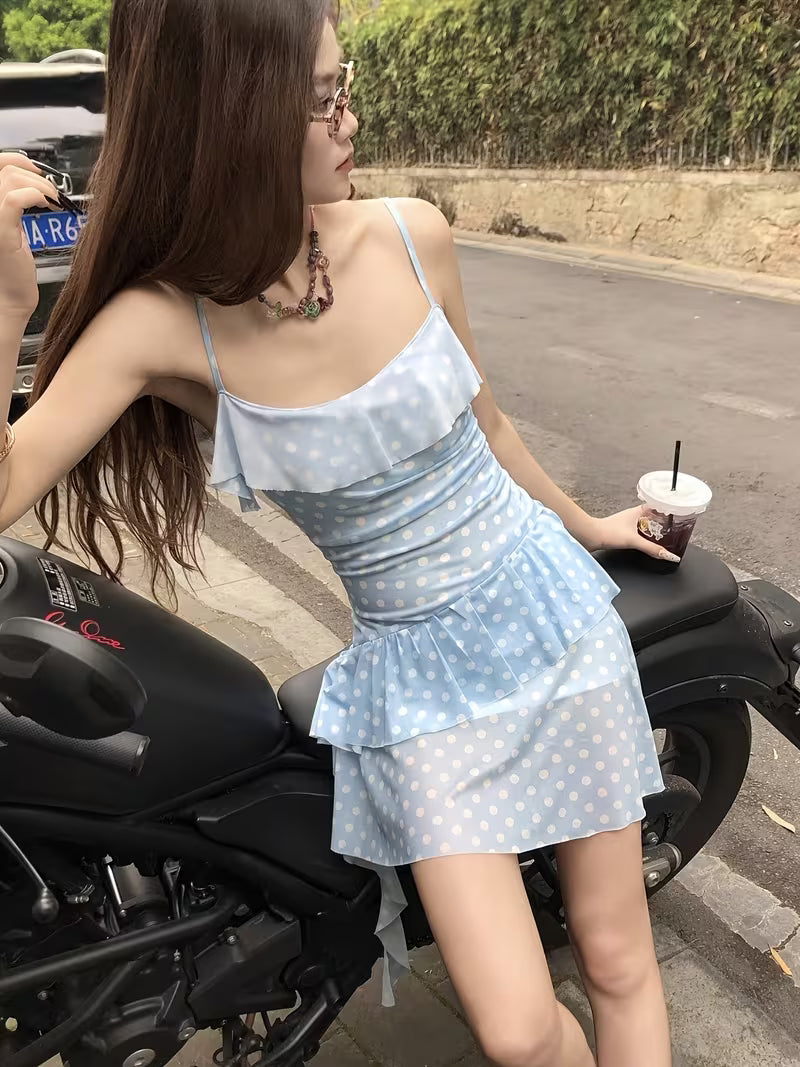 2026 New Style Spicy Sweet Blue Polka Dot Camisole Dress for Women, Summer Waist-Cinching Pure Desire Girly Dress