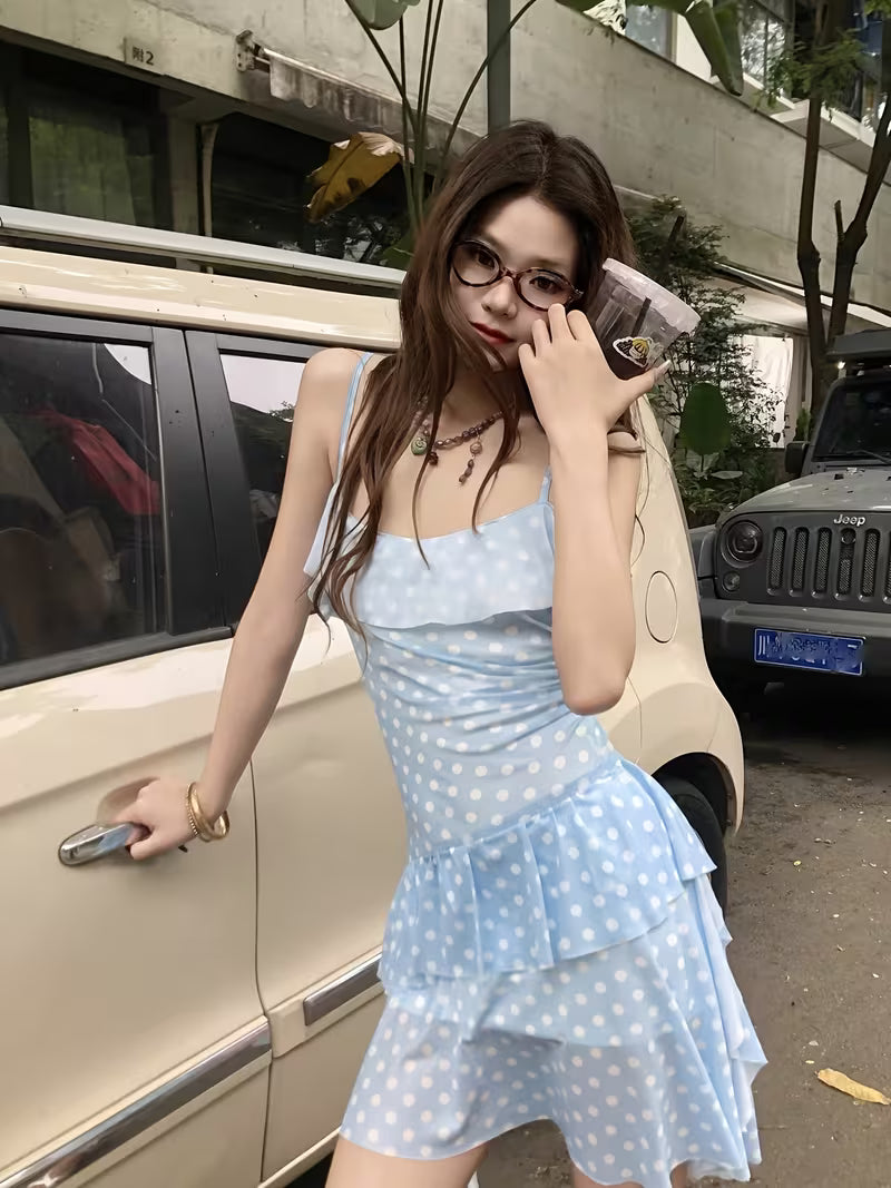 2026 New Style Spicy Sweet Blue Polka Dot Camisole Dress for Women, Summer Waist-Cinching Pure Desire Girly Dress