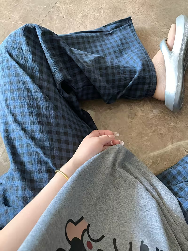 New Spring/Autumn Thin Plaid Pajama Pants, High-End Wide-Leg Design for Outer Wear or Lounging