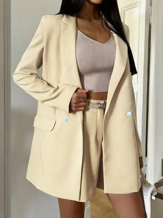 Women'S Beige Blazer And Shorts Suit Set, Long Sleeve Tailored Jacket Two-Piece Outfit for Spring Casual Office Wear