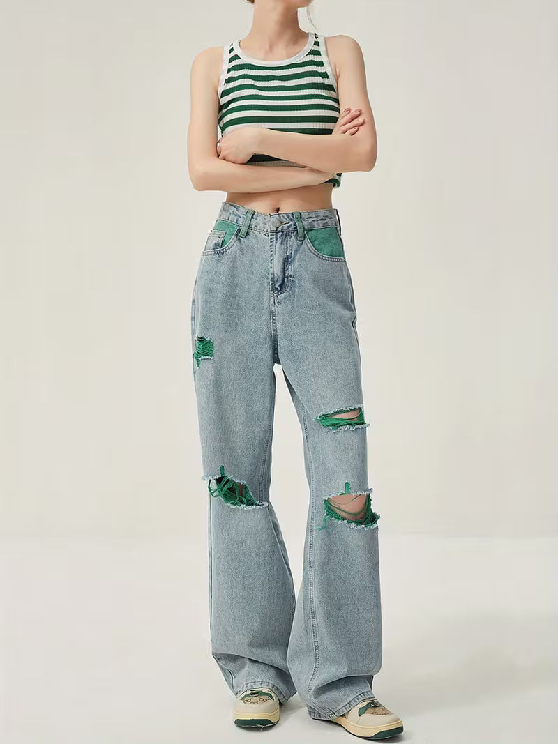Vintage Straight-Leg Jeans for Women, Featuring Distressed Green Long Pants with Holes, a Half-Elastic Waistband, Embodying Street Style