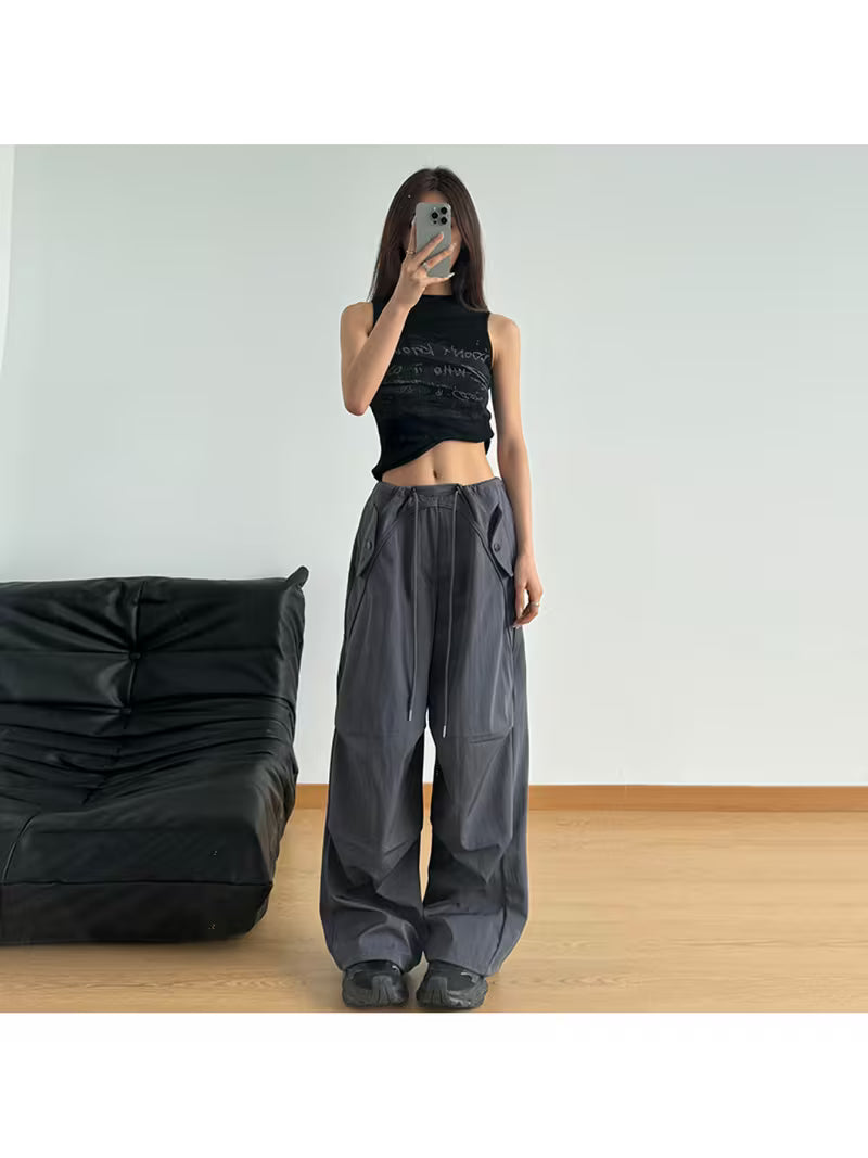 Women' Retro Low-Waist Straight-Leg Cargo Pants with Pleated Harem & Drawstring Waist - Parachute Pants