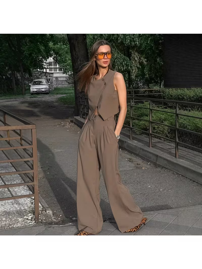 Fashion Khaki Vest and Pants Two-Piece Set for Women 2026 Spring New Arrival Stylish Design Set