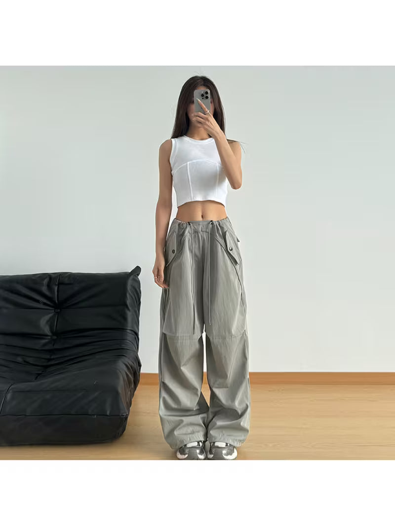 Women' Retro Low-Waist Straight-Leg Cargo Pants with Pleated Harem & Drawstring Waist - Parachute Pants